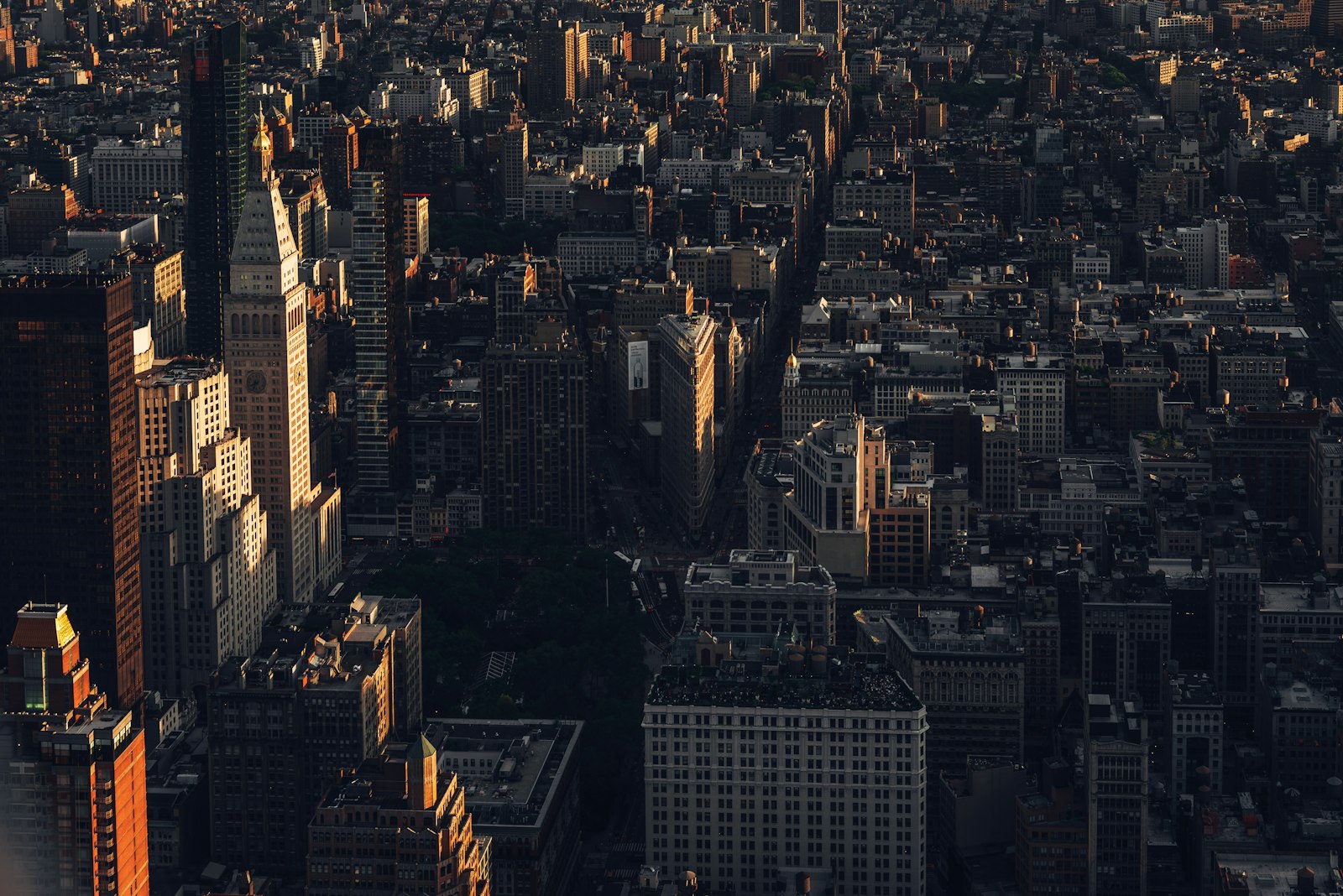 Aerial view of a financial-district skyline at night